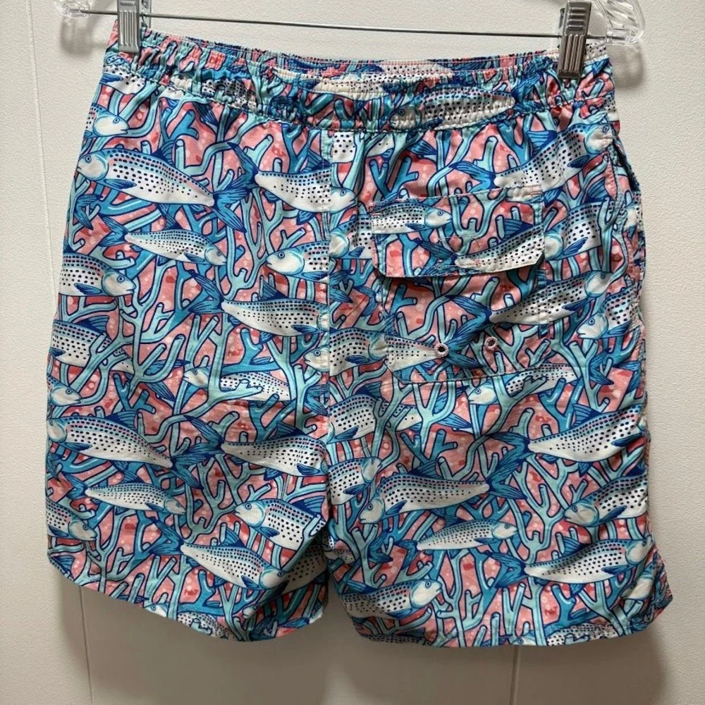 Vineyard Vines Boys Fish Coral Reef Print Swim Trunks Blue Pink Drawstring